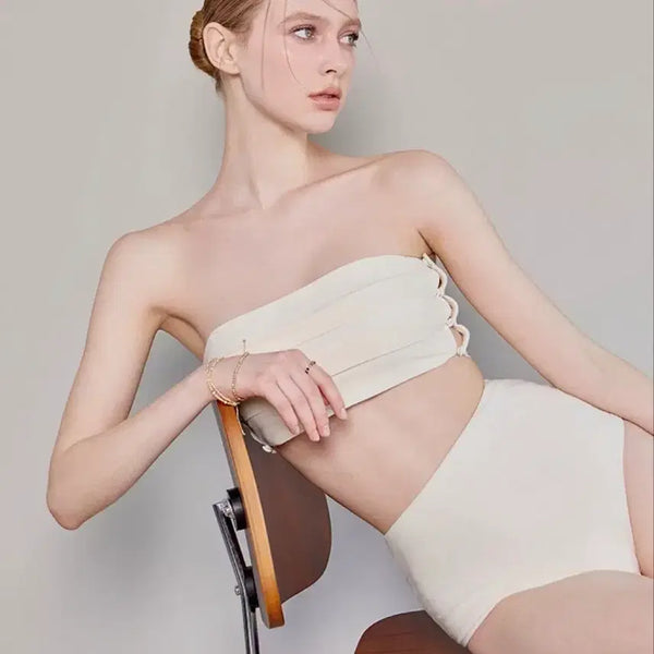 [BUNJANG] Bikinivander Elche Button High-Waist Tube Top Bikini Set - Ivory (Small) / 택있는새상품) 비키니밴더 엘체 버튼 하이웨스트 튜브탑 비키니 세트 - 아이보리 스몰
