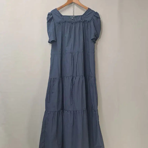 [BUNJANG] Plastic Island Square Neck Puff Sleeve Shirring Navy Long Dress / 플라스틱 아일랜드 스퀘어넥 바라악이소재 퍼프소매 네이비 셔링 롱원피스