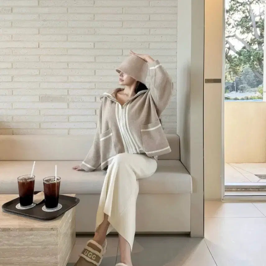 [BUNJANG] Angeleg, Jayzee Showroom, Rachel Loose Fit Knit Zip-Up Cardigan - Beige / 수입의류)루즈핏 니트 집업 가디건 -베이지  엉넬 제이지쇼룸 라첼