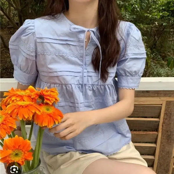 [BUNJANG] Root Ribbon Lace Puff Sleeve Short Sleeve Blouse - Blue / 루트 리본 레이스 퍼프소매 반팔 블라우스 S