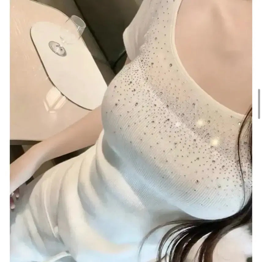 [BUNJANG] Cubic Diamond See-through Ribbed Knit Short-Sleeve T-Shirt / 큐빅 다이아 시스루 반팔 티셔츠 골지 니트