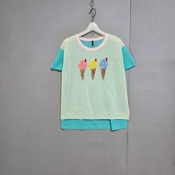 [BUNJANG] Benetton "Ice Cream" Knit Sweater - Size F (Green/Aqua Blue) / 베네통 색감이쁜 아이스크림 니트 F  n7720