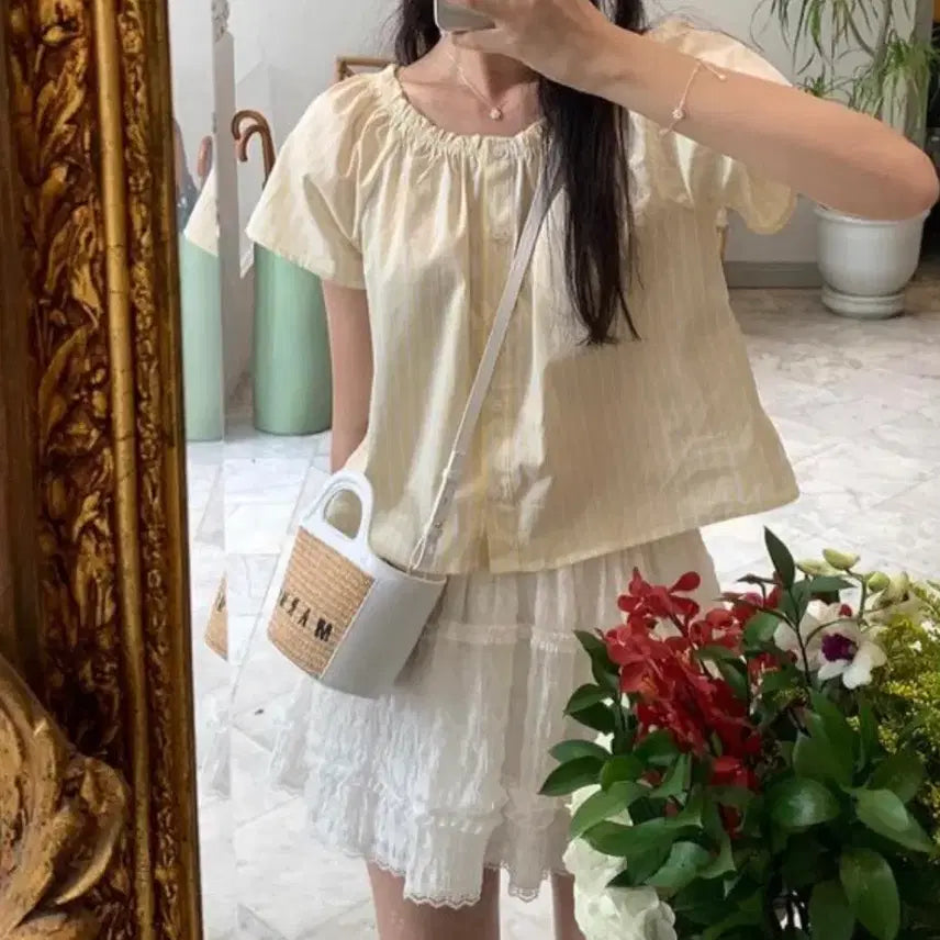 [BUNJANG] Peter and Wendy Stripe Logo Short Sleeve Blouse / 피터앤웬디 피웬 스트라이프 로그 반팔 블라우스 셔츠 여행룩 휴가룩 레몬
