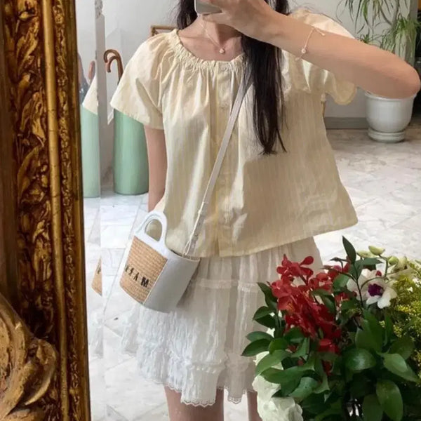 [BUNJANG] Peter and Wendy Stripe Logo Short Sleeve Blouse / 피터앤웬디 피웬 스트라이프 로그 반팔 블라우스 셔츠 여행룩 휴가룩 레몬