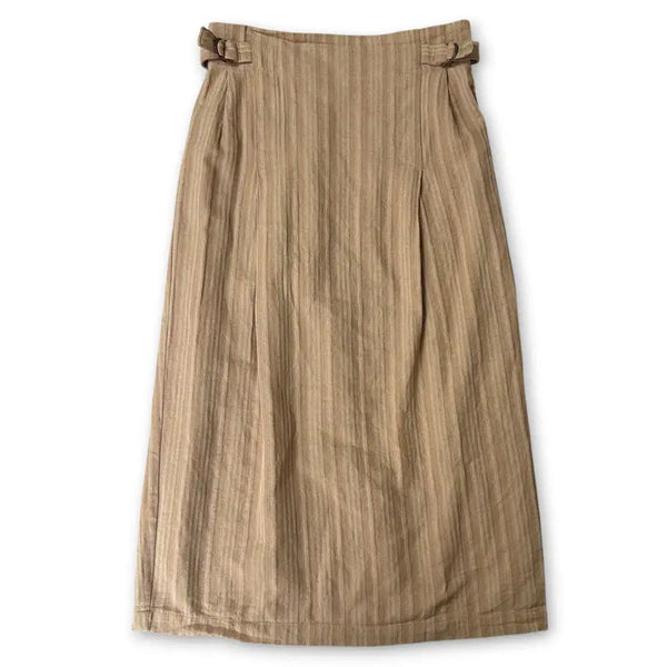 [BUNJANG] RunonQ Beige Camel Stripe Cotton Blend Elastic Waist Long Skirt / JPN 루논큐 베이지카멜 스트라이프 코튼 마혼방 밴딩 롱스커트 F