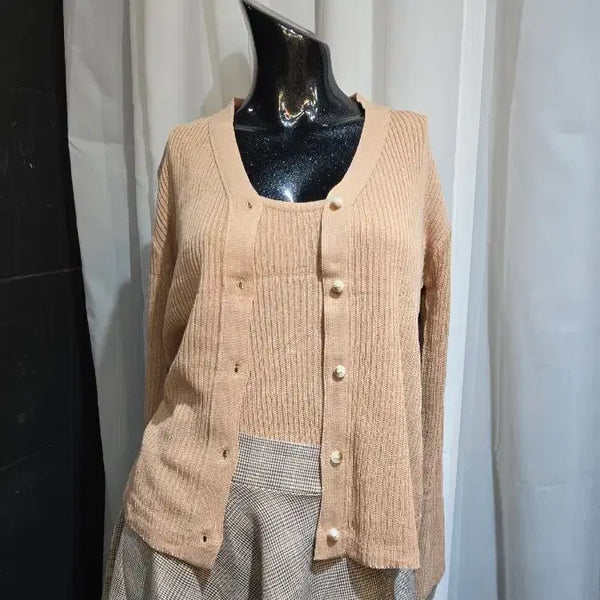 [BUNJANG] Beige Ribbed Knit Sleeveless Top & Cardigan Set / 베이지 골지니트 나시 가디건 세트