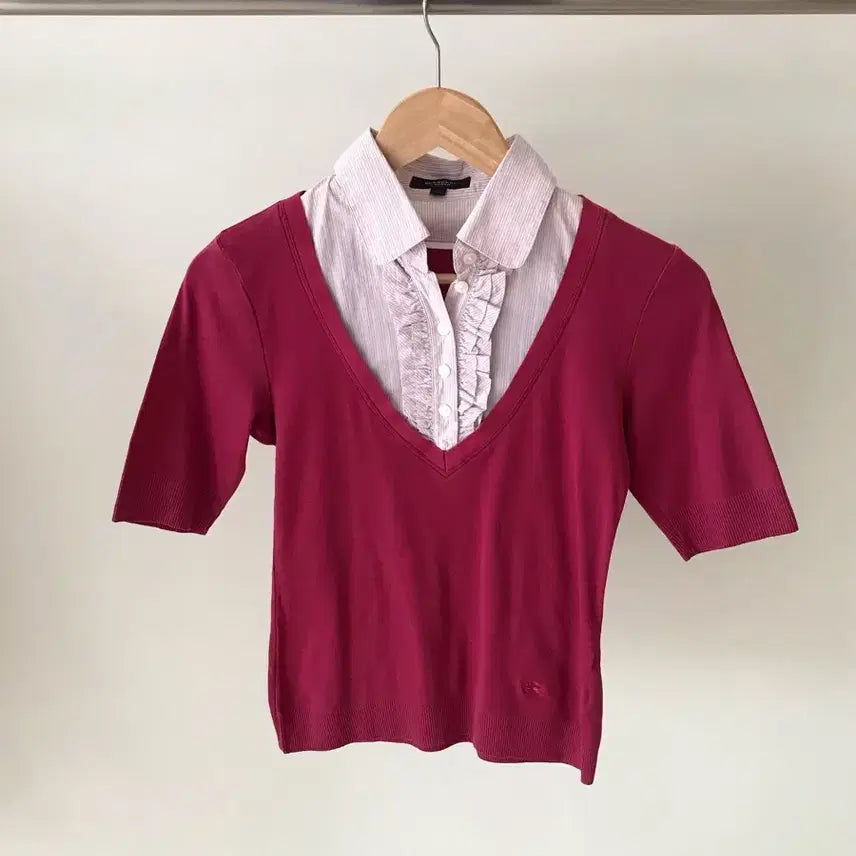 [BUNJANG] Burberry Layered Short Sleeve Knit with Frill Shirt / 버버리 프릴 셔츠 레이어드 반팔 니트