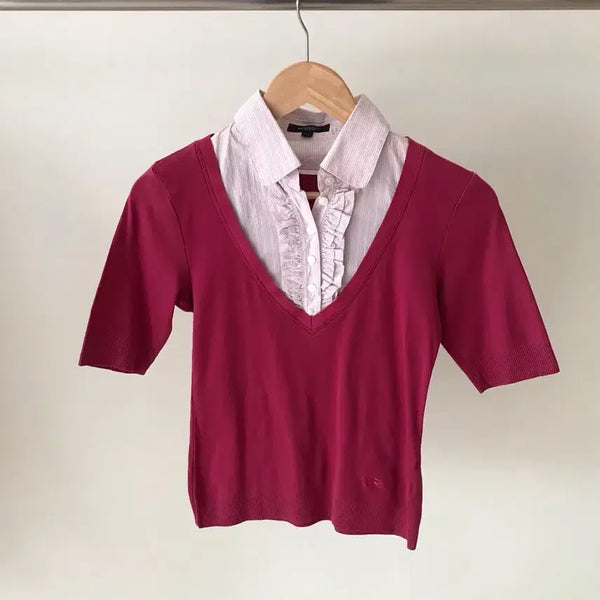 [BUNJANG] Burberry Layered Short Sleeve Knit with Frill Shirt / 버버리 프릴 셔츠 레이어드 반팔 니트