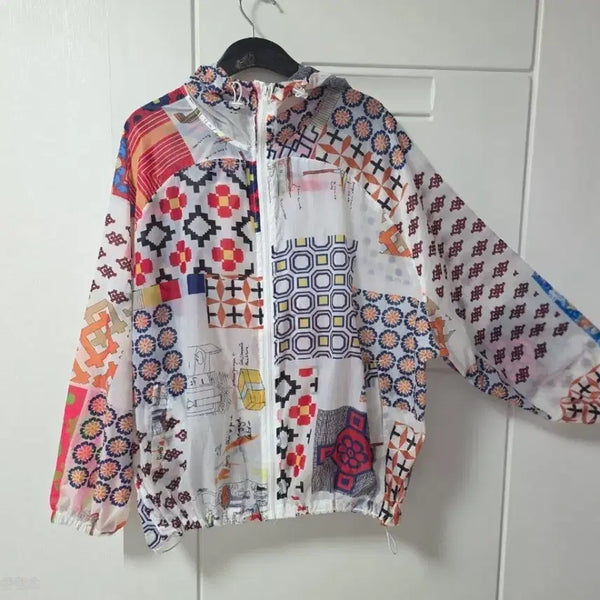 [BUNJANG] Lightweight Nylon Printing Hooded Zip-Up Jacket (Women's Size 99) / 경량 나일론 프린팅 후드집업 BIG 자켓 여성 99