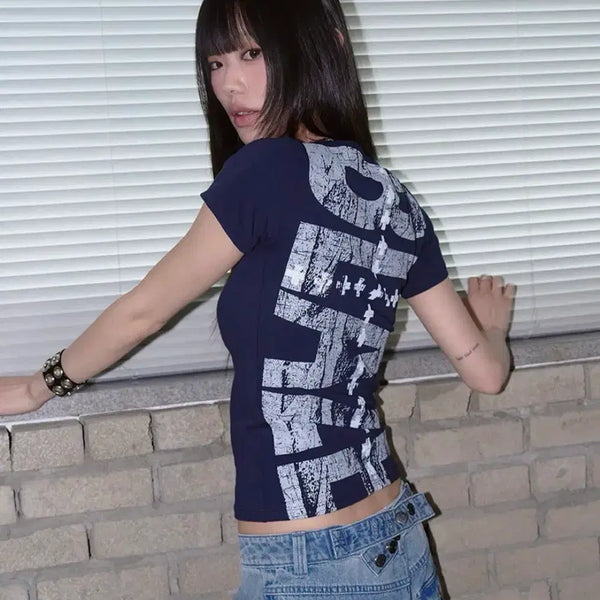 [BUNJANG] Frenuda Double Cross Back Print Short Sleeve T-Shirt Navy / 프렌다 DOUBLE CROSS BACK PRINT SHORT SLEEVE NAVY