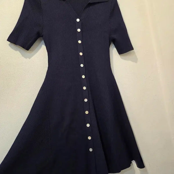 [BUNJANG] Atelier Knit Ribbed Shirt Dress Navy / 아뜰리에 니트골지  셔츠 원피스 네이비 가55