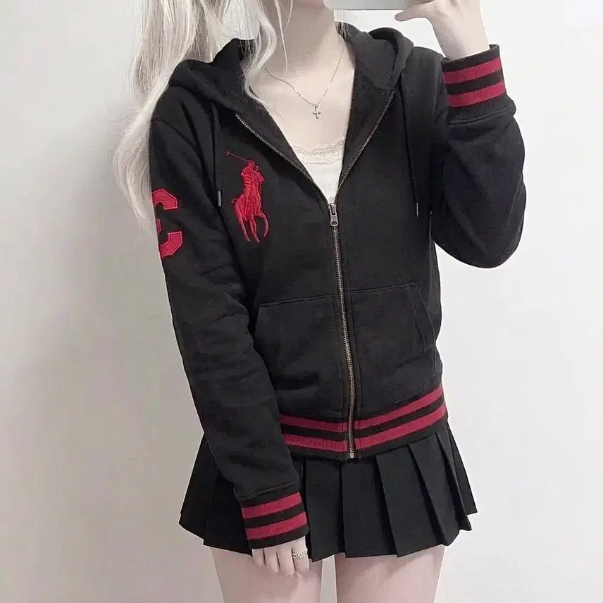[BUNJANG] Polo Ralph Lauren Women's Red/Black Big Pony Hoodie Zip-up / 우먼 폴로 랄프로렌 빨검 빅포니 후드집업 (No.89)