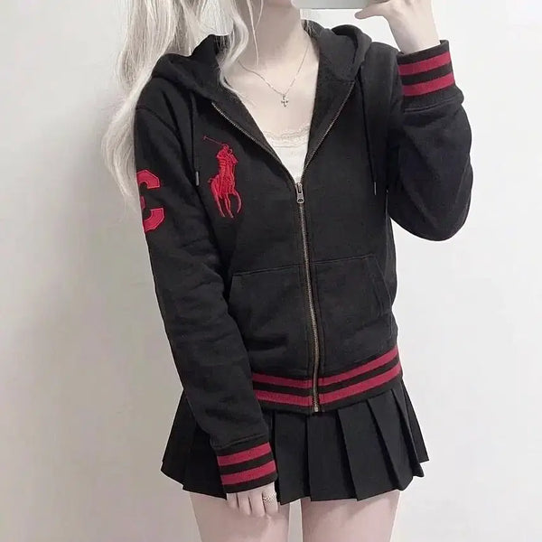 [BUNJANG] Polo Ralph Lauren Women's Red/Black Big Pony Hoodie Zip-up / 우먼 폴로 랄프로렌 빨검 빅포니 후드집업 (No.89)