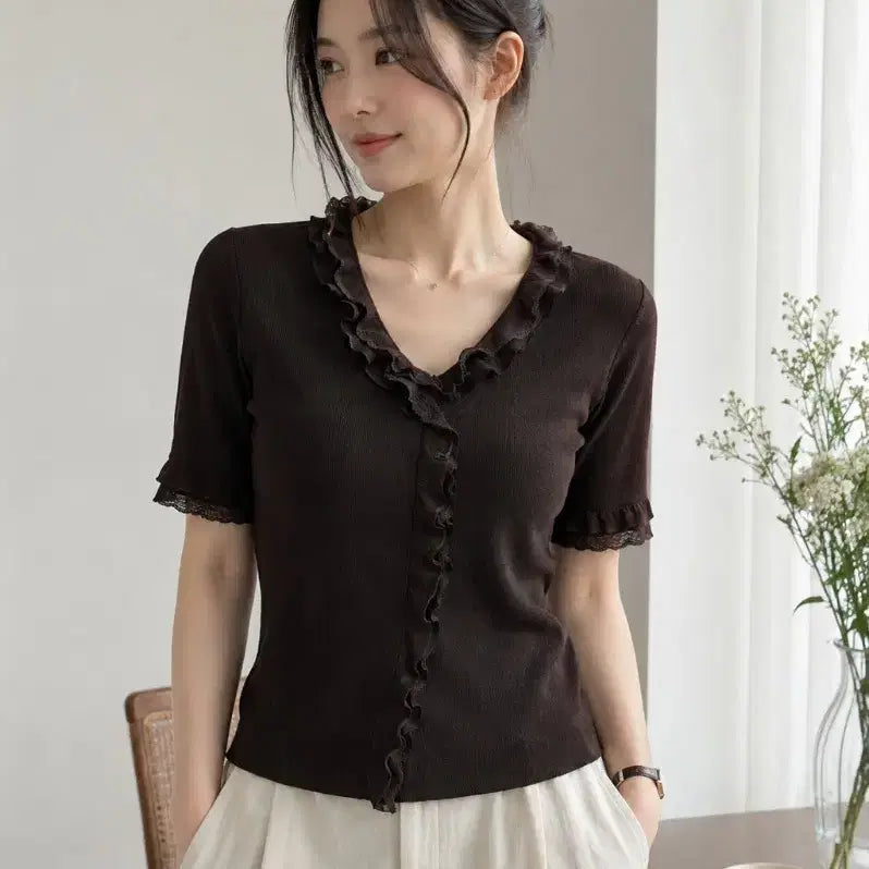 [BUNJANG] Paul Stuart Dark Brown Lace Frill Short Sleeve Knit Top (M) / [M] 폴스튜어트(Paul Stuart) 레이스 프릴 5부 반팔니트 (다크브라운)