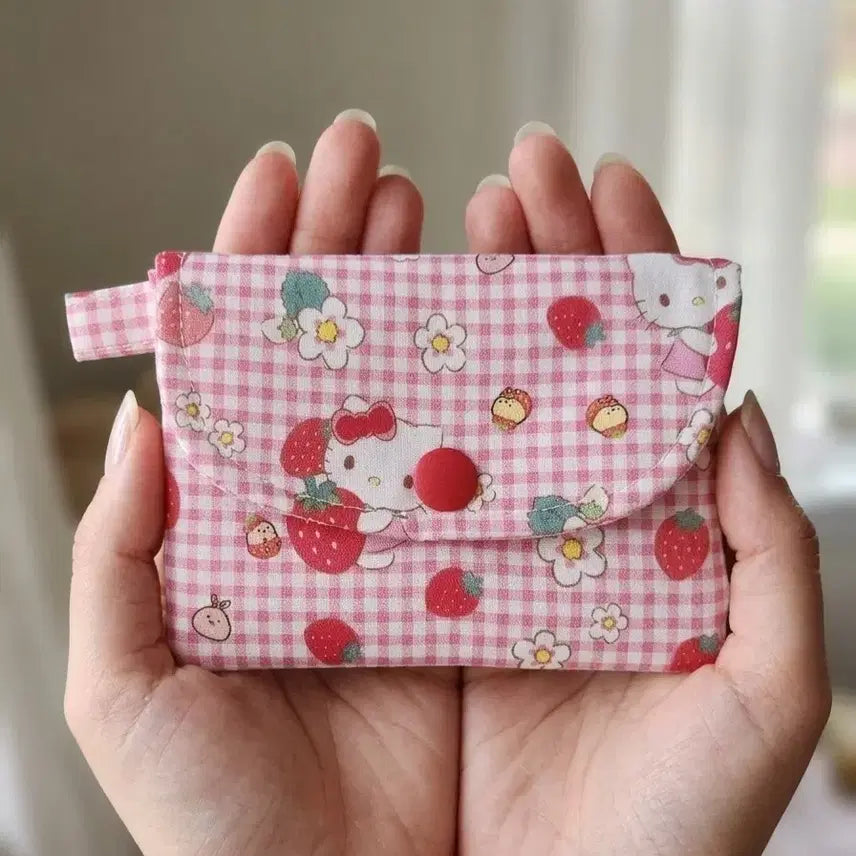 [BUNJANG] Hello Kitty Check Strawberry Snap Card Holder / 헬로키티 똑딱이 카드지갑 (체크딸기)
