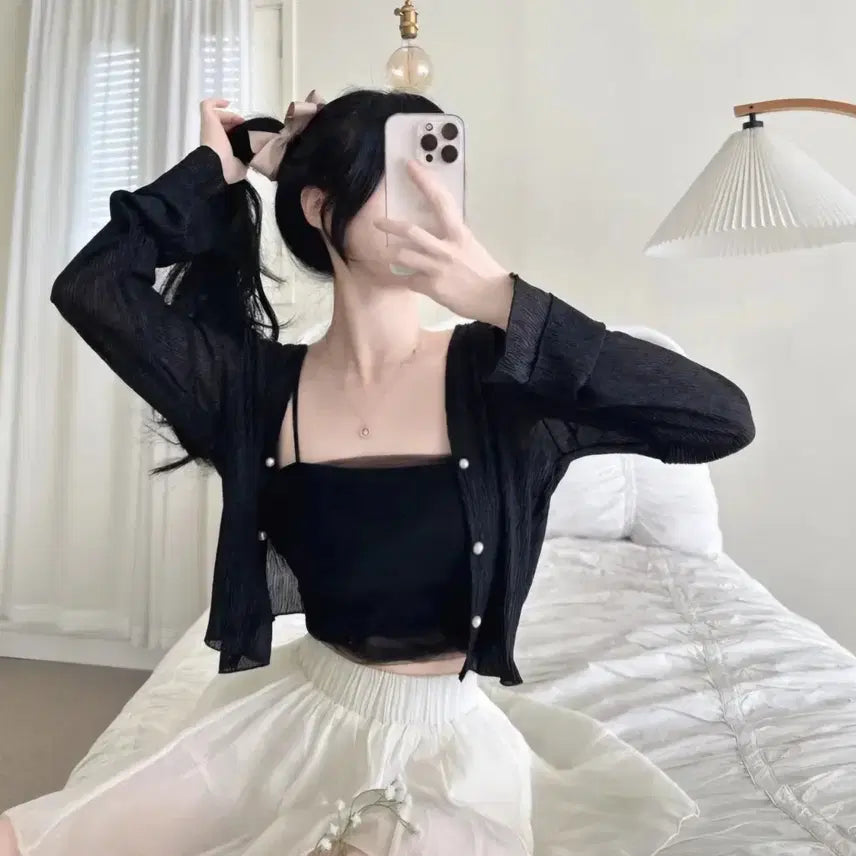 [BUNJANG] Sheer Pearl Chiffon Cardigan and Camisole Set / 새상품 시스루 진주 쉬폰 가디건, 쉬폰 나시탑