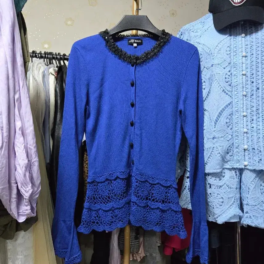 [BUNJANG] Super Beauty Women's Lace Detail Cardigan - Blue / 슈퍼뷰티 여성 가디건 블루