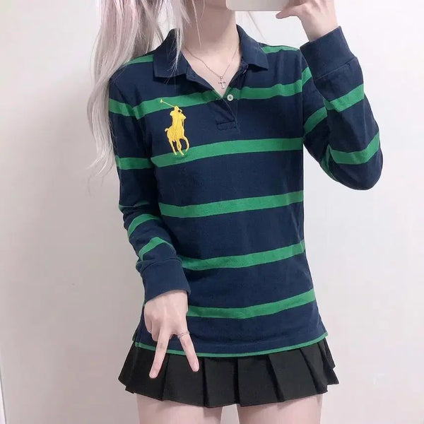 [BUNJANG] Polo Ralph Lauren Women's Striped Long Sleeve Polo Shirt Navy/Green Big Pony / 우먼 폴로 단가라 네이비/그린 빅포니 긴팔카라티 (No.84)