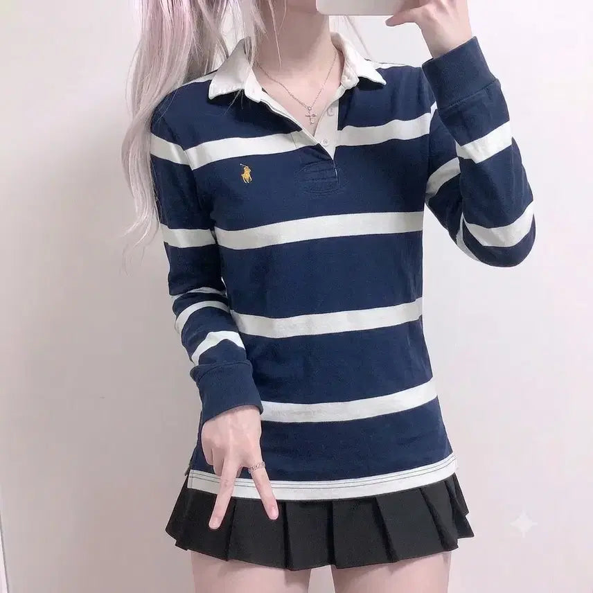 [BUNJANG] Polo New Model Navy Stripe Rugby T-Shirt / 신형 폴로 네이비 단가라 럭비티셔츠 (No.85)
