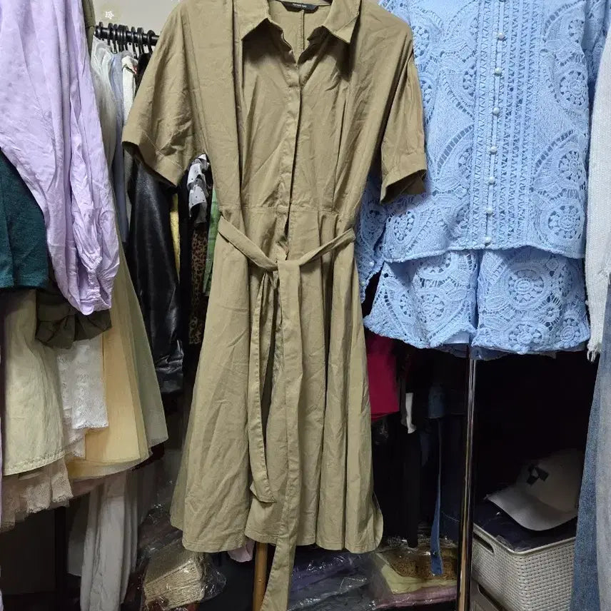 [BUNJANG] Khaki Shirt Dress with Belt / 카키색 셔츠 원피스 벨트 포함
