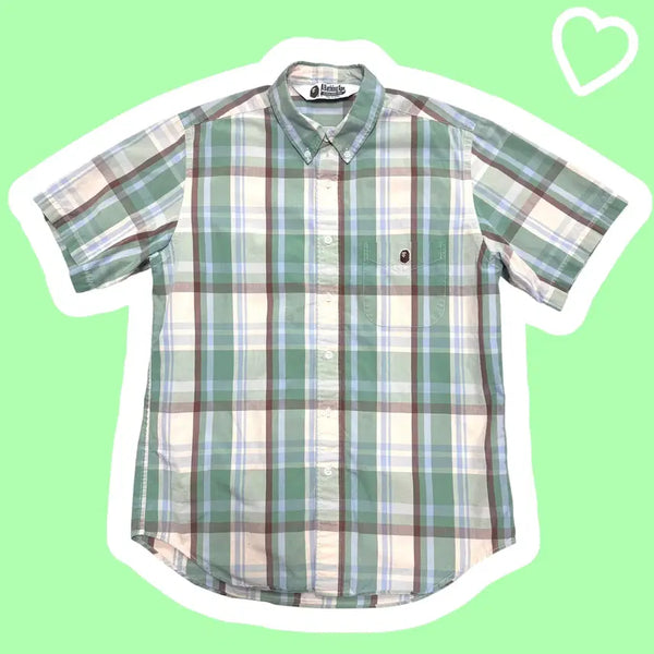 [BUNJANG] BAPE Classic Melon Check Short Sleeve Shirt / 베이프 클래식 메론 체크 반팔셔츠 (No.100)