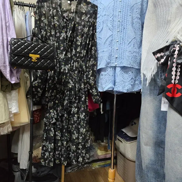 [BUNJANG] Chiffon Flower Pattern Ribbon Dress / 쉬폰 플라워 패턴 리본 원피스