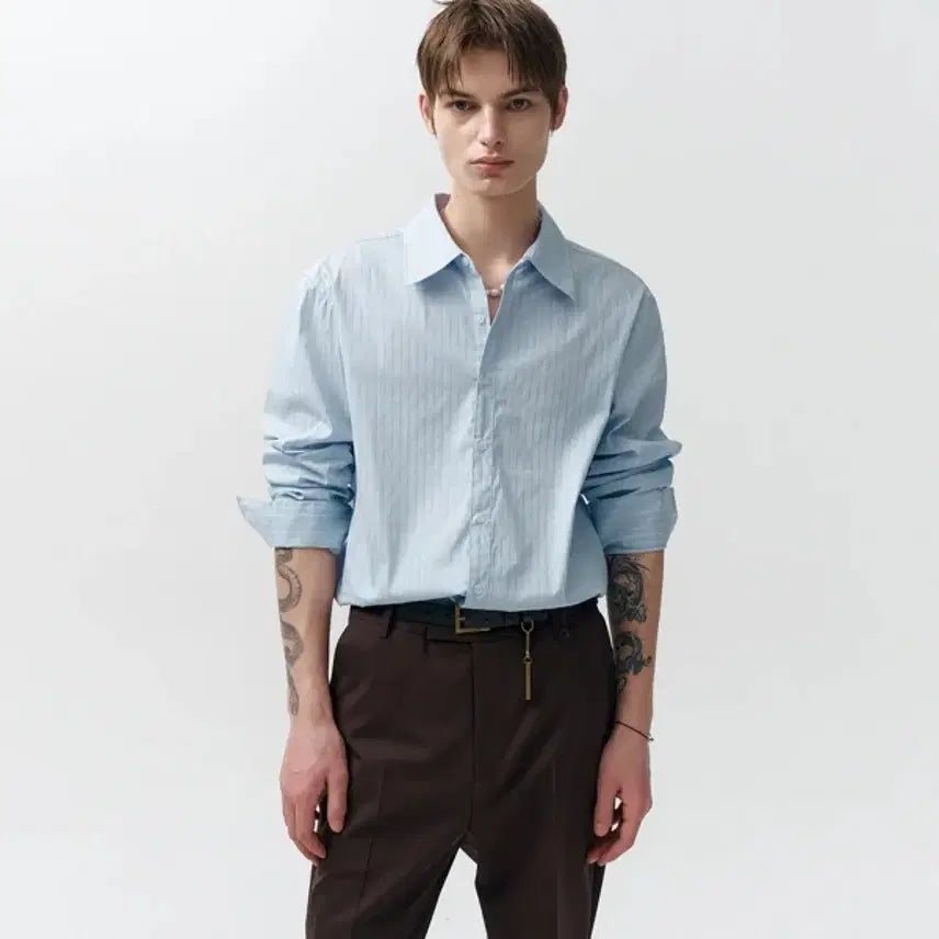 [BUNJANG] Noir Jacquard Stripe Shirt Blue XL / 노이어 자카드 스트라이프 셔츠 블루 52 XL사이즈