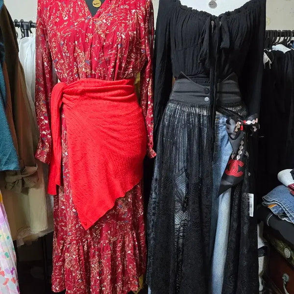 [BUNJANG] Red Flower Pattern Long Dress / 롱 원피스 레드 플라워 패턴