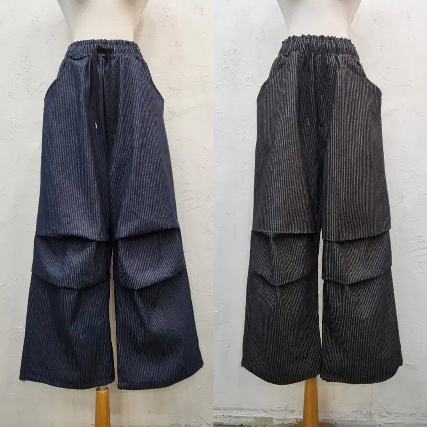 [BUNJANG] Unisex Wide Stripe Denim Pants (Blue/Charcoal) / (남여공용)와이드 스트라이프 데님팬츠 블루/차콜F