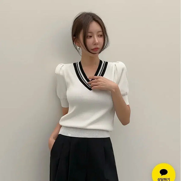 [BUNJANG] Dabagirl V-Neck Short Sleeve Summer Knit White/Pink / 다바걸 화이트 핑크 브이넥 반팔 여름 니트
