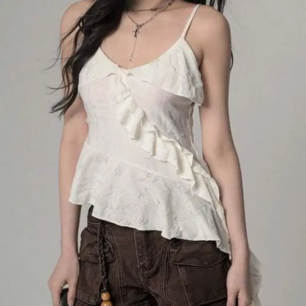 [BUNJANG] Asymmetric Ruffle Vintage Tank Top Ivory / 언발 프릴 빈티지 나시 아이보리