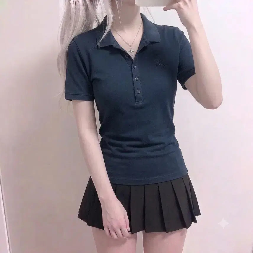 [BUNJANG] Burberry Women's Navy Short-Sleeve Polo Shirt / 정품 우먼 버버리 네이비 반팔카라티 (No.98)