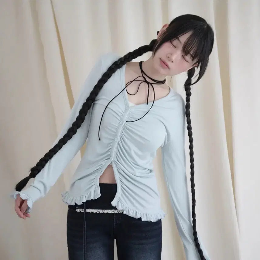[BUNJANG] Mireco Shirring Lace Cardigan Mint / 미레코 셔링 레이스 가디건 민트