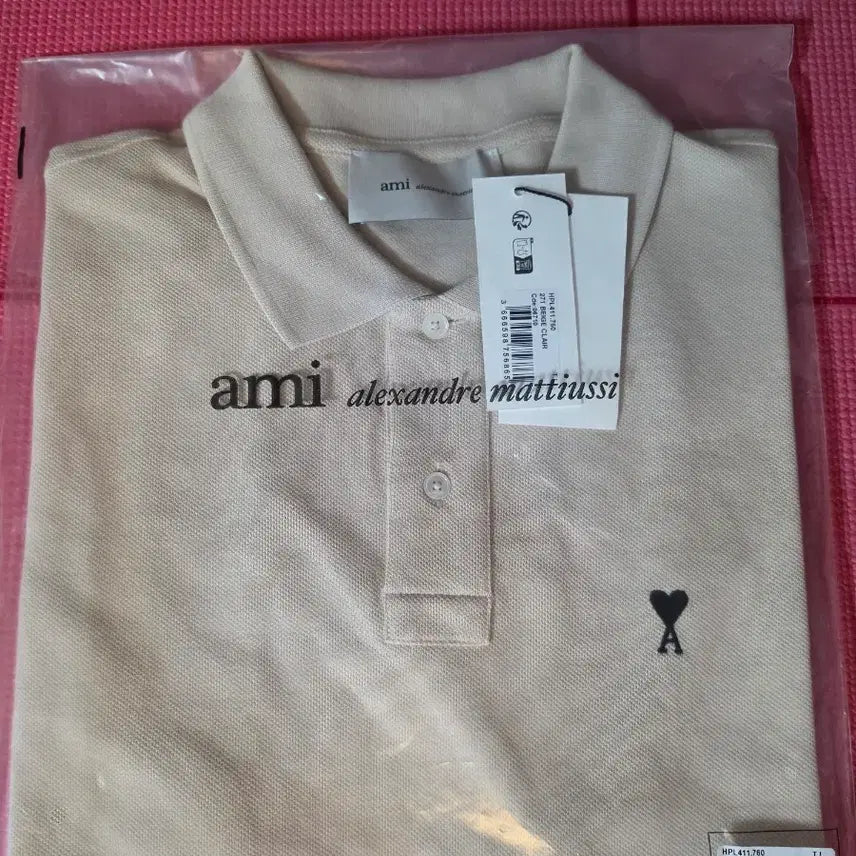 [BUNJANG] AMI Small Heart Logo Unisex Polo T-shirt Beige L / [아미] 스몰 하트 로고 남녀공용 폴로 반팔티셔츠 HPL411 760 271