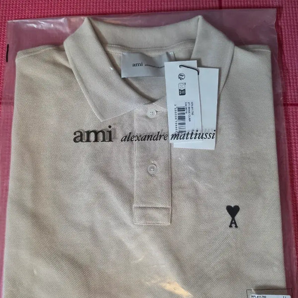 [BUNJANG] AMI Small Heart Logo Unisex Polo T-shirt Beige L / [아미] 스몰 하트 로고 남녀공용 폴로 반팔티셔츠 HPL411 760 271