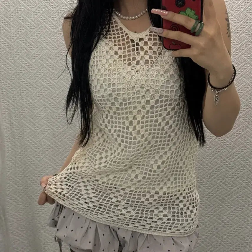 [BUNJANG] Vintage Bohemian Ethnic Tiered Knit Mesh Long Camisole K0455 / 빈티지 보헤미안 에스닉 티어드 뜨개 망사 그물 롱나시 K0455