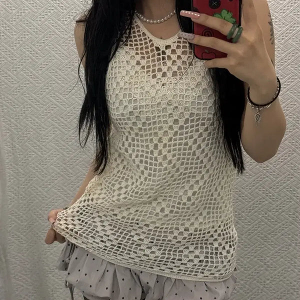 [BUNJANG] Vintage Bohemian Ethnic Tiered Knit Mesh Long Camisole K0455 / 빈티지 보헤미안 에스닉 티어드 뜨개 망사 그물 롱나시 K0455