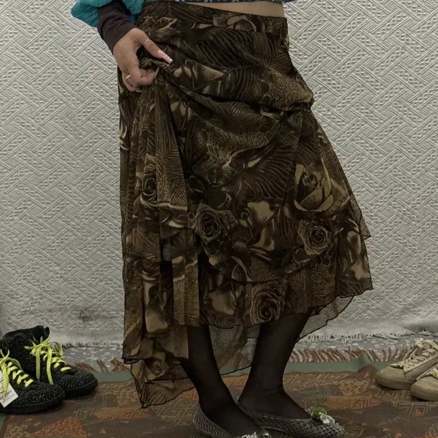 [BUNJANG] Vintage Japanese Rococo Bohemian Flower Long Skirt / 빈티지 재팬 로코코 보헤미안 플라워 롱스커트 K0458