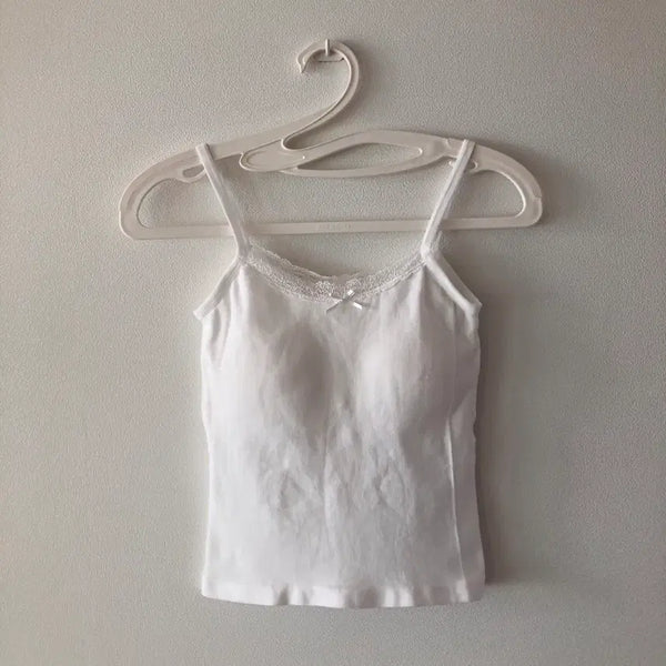 [BUNJANG] Lace Ribbon Camisole with Built-in Cups - White / 새상품) 캡내장 레이스 리본 끈나시 화이트 민소매 퓨어