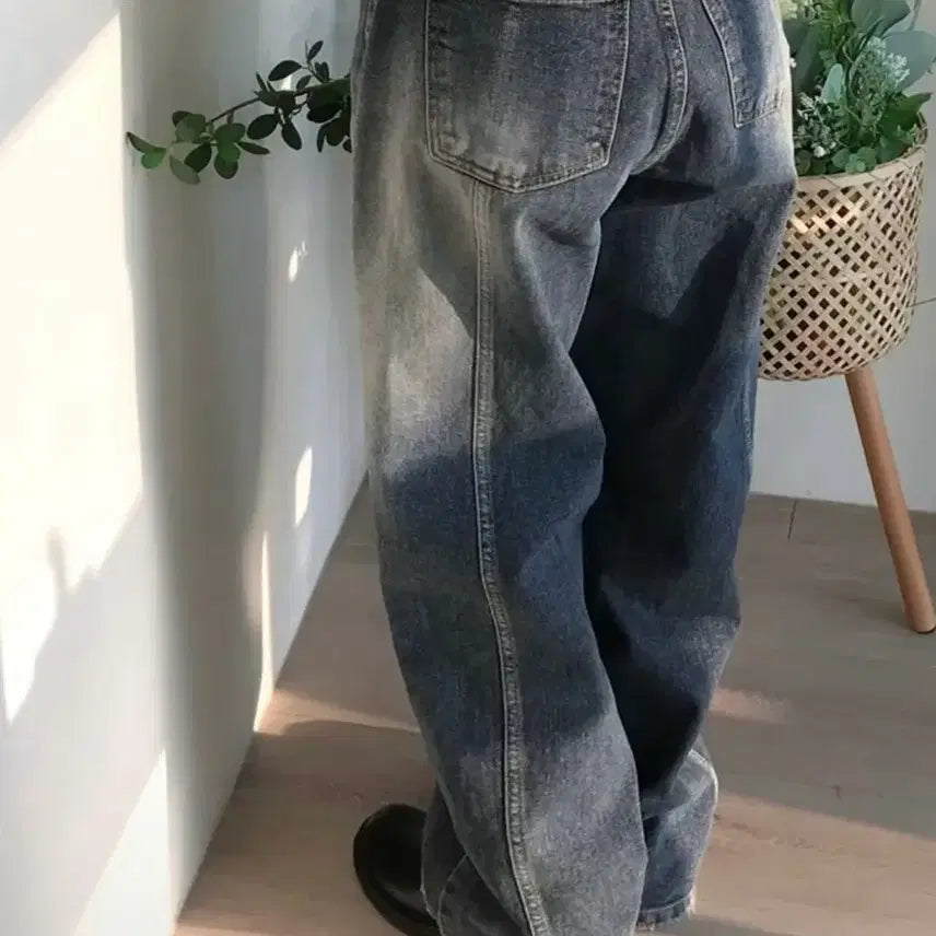 [BUNJANG] Washing Wide Denim Pants / 뒷절개 워싱 와이드 데님팬츠 중청