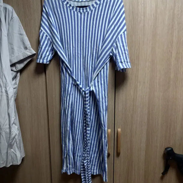 [BUNJANG] Striped Shirt Dress with Belt Set / 최종가격내림)스트라이프 셔츠 원피스 벨트 세트