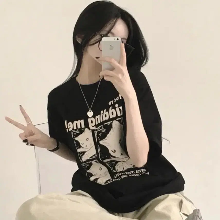 [BUNJANG] Cat Printing Boxy Short Sleeve T-Shirt / 에이블리 캣 프린팅 박시 반팔 티셔츠
