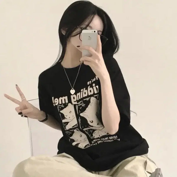 [BUNJANG] Cat Printing Boxy Short Sleeve T-Shirt / 에이블리 캣 프린팅 박시 반팔 티셔츠