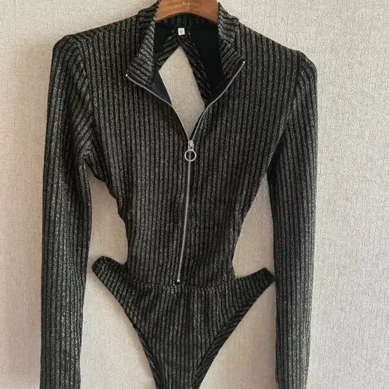 [BUNJANG] Gold Stripe Zipper Swimsuit Bodysuit / 골드 스트라이프 지퍼 수영복 바디슈트