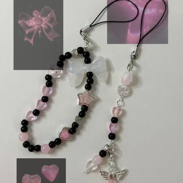 [BUNJANG] Handmade Beaded Keychain Strap - Black Pink / 핸드메이드 비즈 키링 스트랩 블랙 핑크