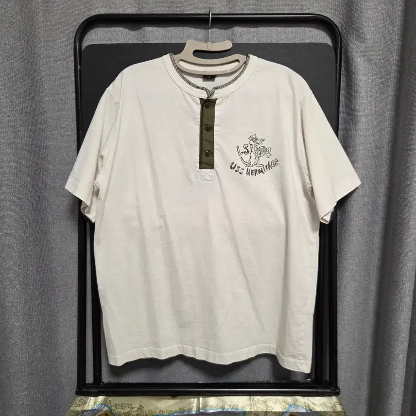 [BUNJANG] Avirex Henry Neck Short Sleeve T-Shirt White L / Avirex 아비렉스 헨리넥 반팔 티셔츠 L(100)