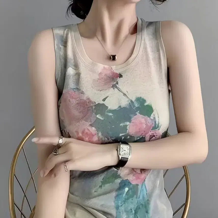 [BUNJANG] Watercolor Flower Print Sleeveless Top / 수채화 플라워 나시 슬리브리스 (새상품)