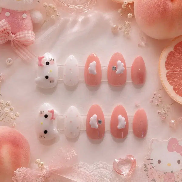 [BUNJANG] Handmade Kitty Apricot Grapefruit Wing Dot Nail Tips / 키티 살구자몽 윙 도트 수제네일팁