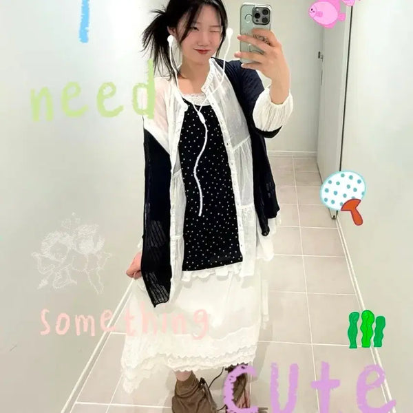 [BUNJANG] Cocomoori Lovely Vintage Set - Navy Cardigan & White Ruffle Blouse / 코코모리 러블리빈티지 세트 카모메산장 코모레비 지구네 모리노가토 무오데 와이즈걸 미라이클립 닛시 빈티지 얼스앤뮤직 코네코야 스윙잉 서울 미코하우스