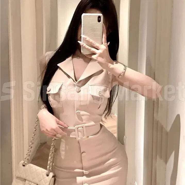 [BUNJANG] Glam Sexy Belted Sleeveless Tailored Jacket Dress / [빠른발송] 글램섹시 벨티드 양포켓 테일러드 민소매 재킷느낌 원피스